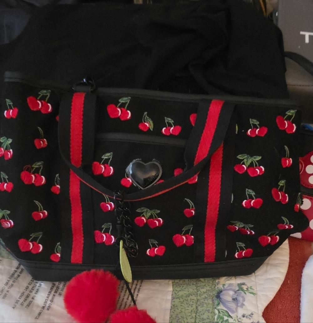 Betsy Johnson Black and Red Cherries Women's Bag. Cross Body Or Satchel.roomy - Picture 2 of 6